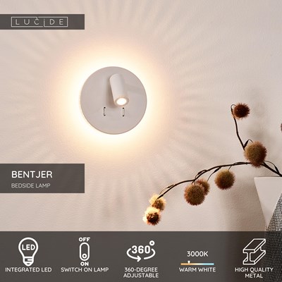 Lucide BENTJER - Bedside lamp / Wall light - Ø 14 cm - LED - 3000K - White